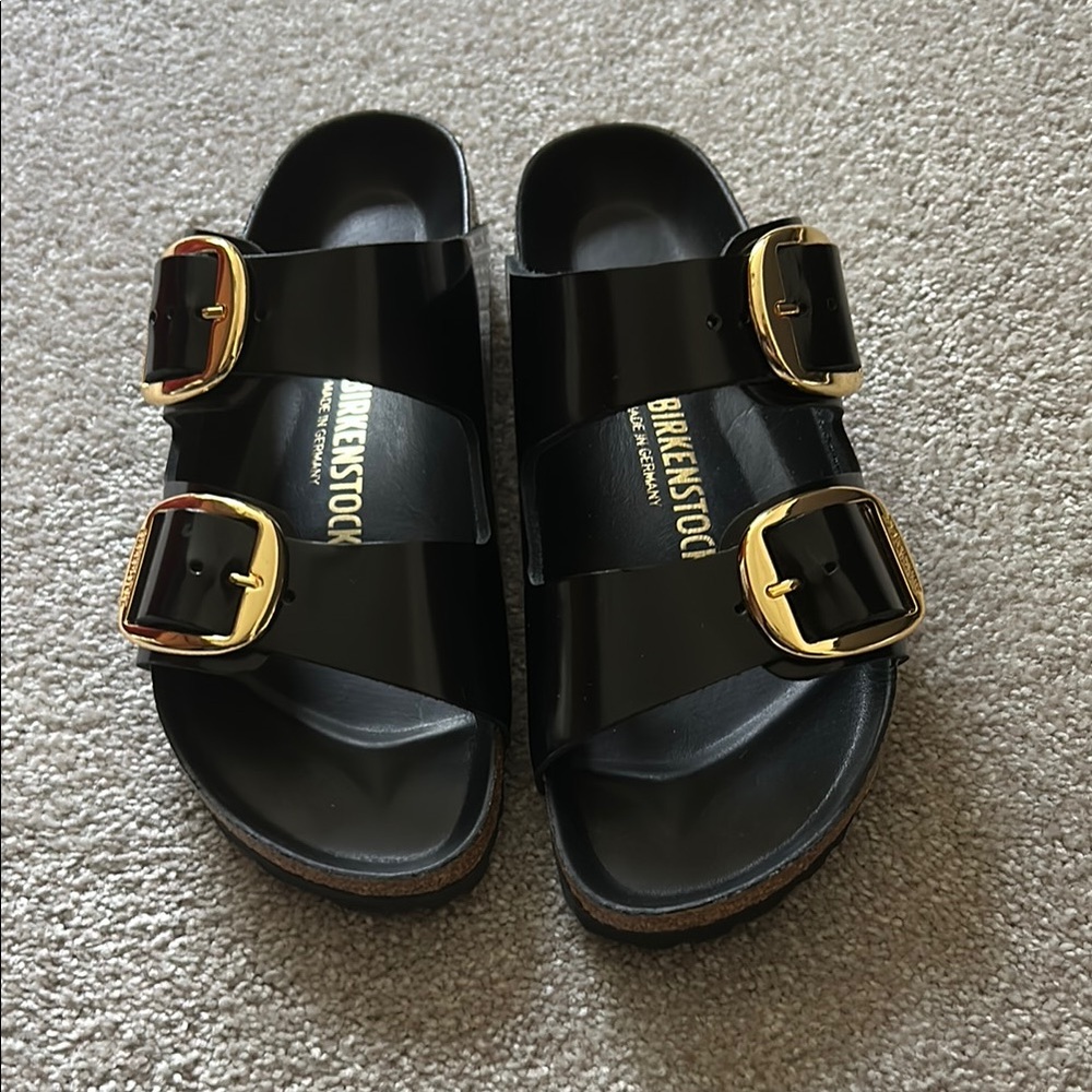 Birkenstock Black Sandals with Gold Buckles